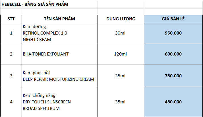 Bảng giá bán lẻ mỹ phẩm Hebecell